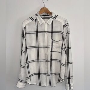 Women's White and Black Plaid Button Down Shirt